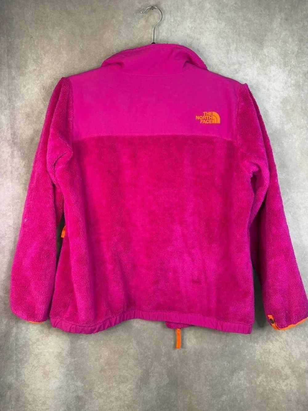 The North Face Plush Fleece Jacket in Hot Pink with Orange Trim